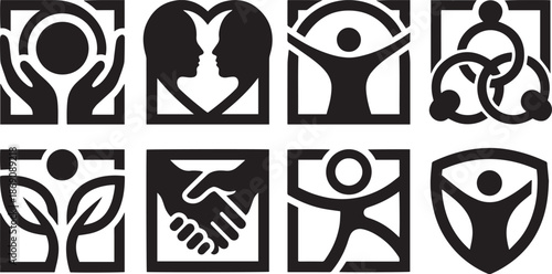 Squares icons set representing human silhouette interaction community and support system holding together connection and partnership logo for social cause