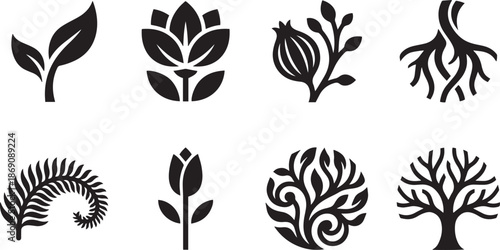Set of nature icons representing plant tree flower root and leaf symbol of growing botany garden or forest for springtime and ecological design