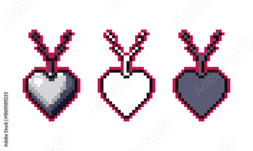 A collection of three pixel art icons featuring a silver heart shaped locket necklace.