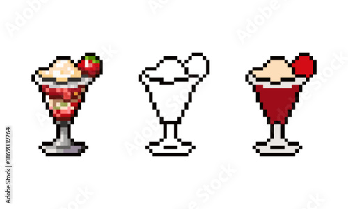 A set of three pixel art icons featuring a delicious strawberry ice cream sundae in a glass. 
