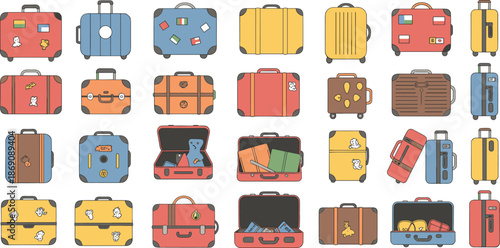Colorful luggage collection, travel suitcases on wheels, vacation packing concept, modern hard shell baggage, tourism accessories, holiday trip essentials set
