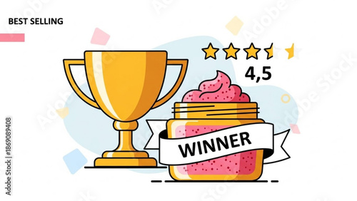 Golden trophy and pink product jar with winner ribbon and four point five stars on white background with award and rating and best