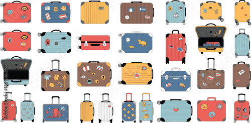 Colorful luggage collection, travel suitcases on wheels, vacation packing concept, modern hard shell baggage, tourism accessories, holiday trip essentials set