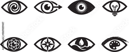 Collection of abstract eye icons on white backdrop offering visionary element for modern graphic designs representing looking and seeing concept