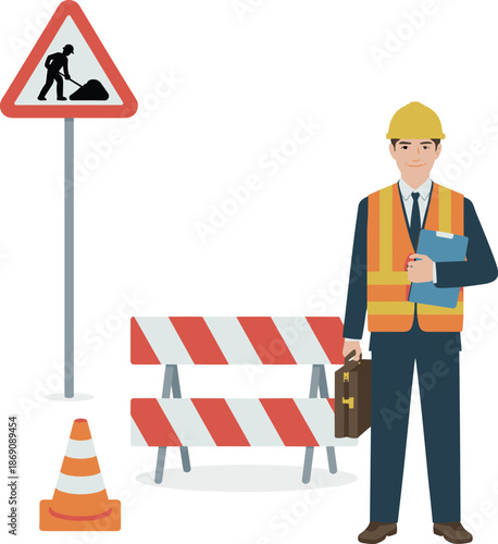 Construction site safety scene, civil engineer supervising roadwork, traffic barrier and cone, hard hat clipboard, infrastructure management, urban development project