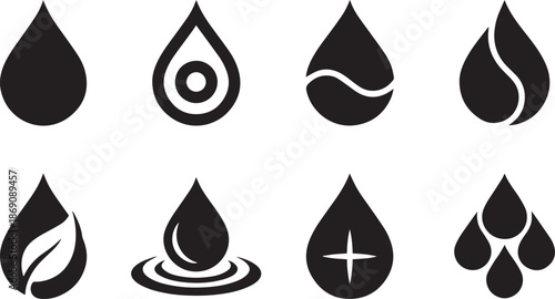 Set of abstract water drop icons representing purity and natural liquid element isolated on white background for eco friendly concept