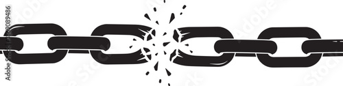 Broken black heavy metal chain with shattered link and flying particles graphic