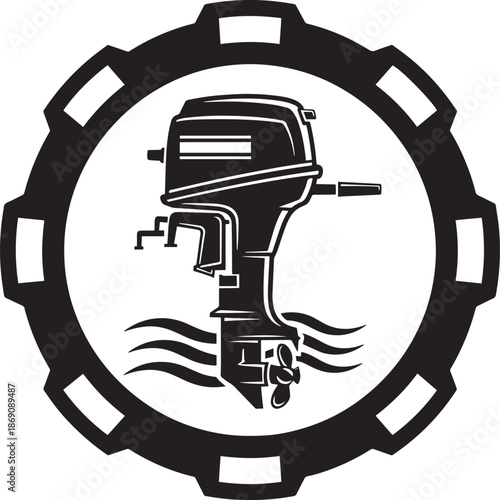 Vintage black outboard motor engine graphic inside gear cog wheel emblem design