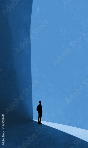 Solitary Figure in Blue Abstract Architectural Space