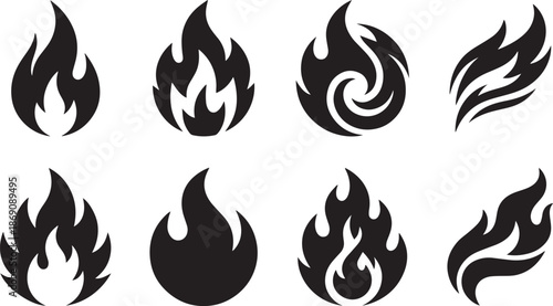 Dynamic collection of flames on white backdrop depicting energy and passion through graphic fire symbols for vibrant designs