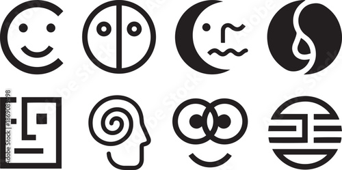 Monochrome collection of stylized face icons on white backdrop expressing various emotions and minimal graphics for playful designs