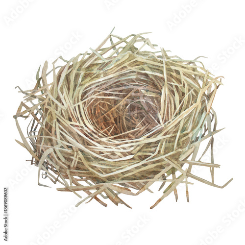 Watercolor Easter nest isolated on white background. Bird house made of twigs and branches. Spring or summer decor for sticker or celebration card. Mother's day. Clipart for wallpaper or wrapping