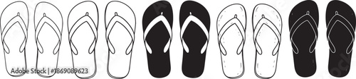 Collection of various black flip flops sandals outlines and solid shapes transparent