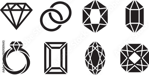 Diamonds and jewelry vector set gems and rings icons isolated on white wedding gift luxury brilliant stone precious shape sign symbol