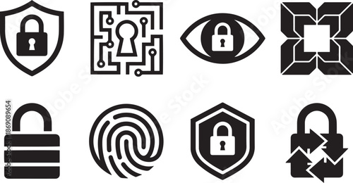 Set of eight different abstract security icon data protection lock privacy digital safety and security symbol vector illustration