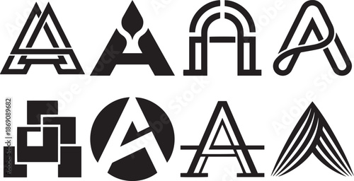 Set of eight different abstract letter a icon typography logo logotype monogram font and branding symbol vector illustration