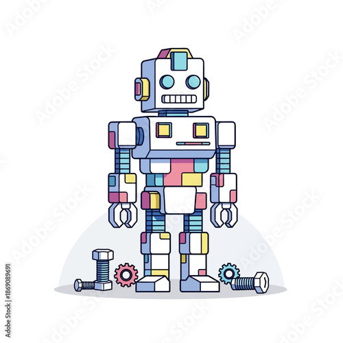 Colorful robot standing with bolts and gears around