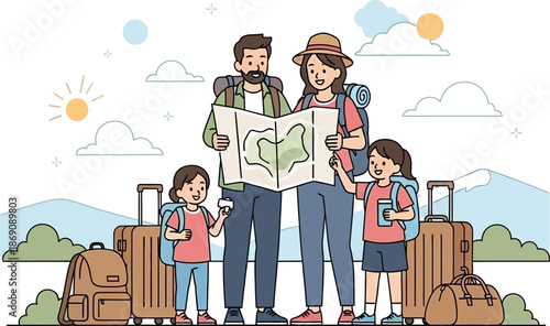 Family Traveling with Luggage in Nature Setting