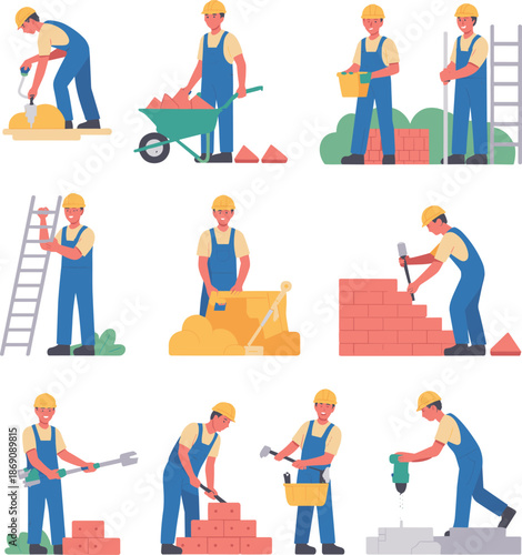 Construction workers illustration set, building site activities, professional contractors, industrial tools, teamwork safety, masonry, carpentry, repair and renovation projects workflow