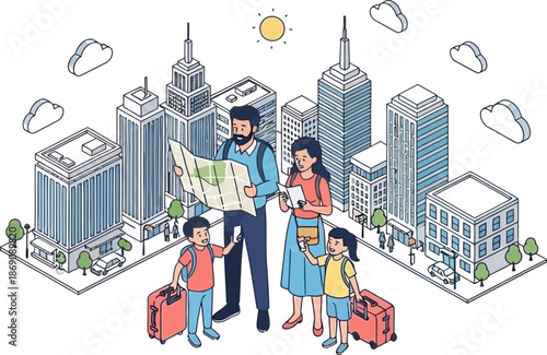 Family Traveling with Luggage in Urban Cityscape