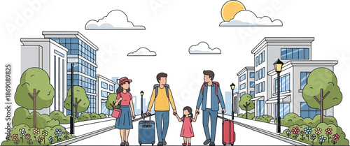 Family Walking with Luggage in Modern Urban Park Scene