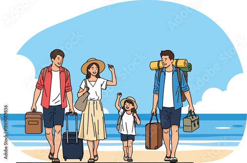 Family with Luggage Enjoying Beach Scene on Vacation