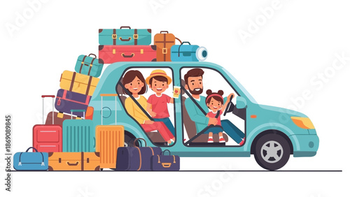 Family with Luggage Traveling in Car Loaded with Suitcases