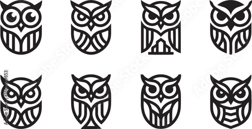Linear owl icons diverse symmetric designs that emphasize minimalist style and clean lines for a modern look