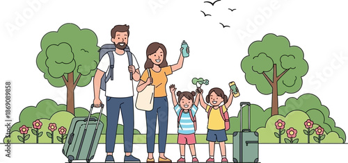 Happy Family Traveling in Nature with Luggage and Backpack