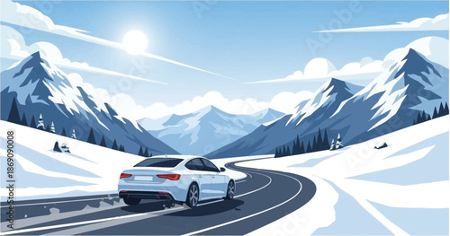 Scenic snowy mountain road with family luggage and vehicle