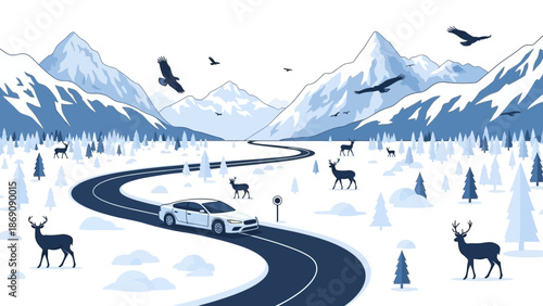 Scenic winter landscape with family and luggage in snow-capped mountains