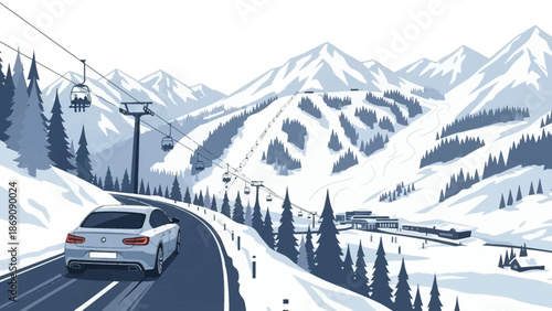 Scenic winter mountain highway with moving car and ski resort background