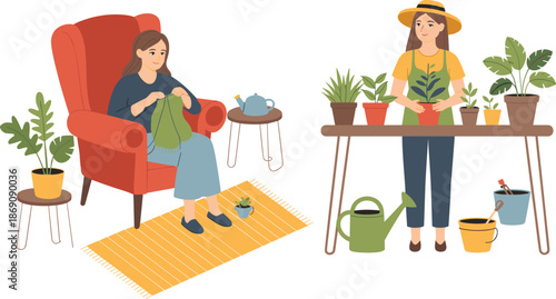 Cozy home hobbies illustration, woman knitting indoors, woman gardening plants, indoor plants lifestyle, creative leisure activity vector art, modern design