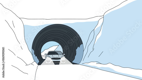 Travelers in an icy mountain tunnel with luggage and vehicle