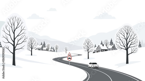 Serene winter landscape with winding road, leafless trees, and snow-covered countryside