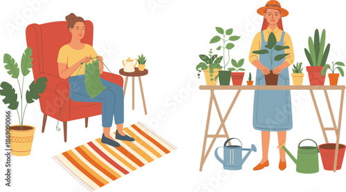 Cozy home hobbies illustration, woman knitting indoors, woman gardening plants, indoor plants lifestyle, creative leisure activity vector art, modern design