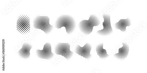 Collection of halftone dotted effect elements in different blob shapes for creative graphic design modern layouts branding visuals posters and digital composition assets