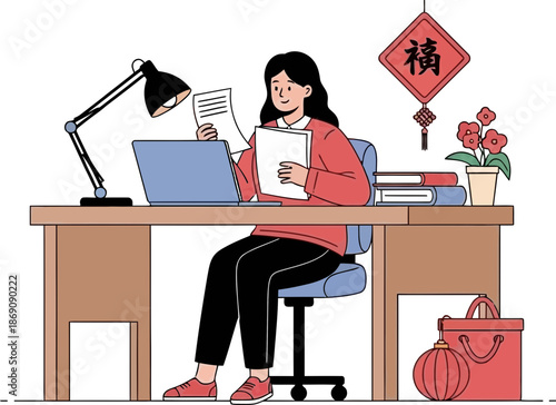 Young Woman Working at Home Desk with Luggage and Laptop