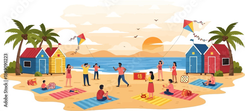 Vibrant beach scene with families, colorful cabins, and luggage on sandy shore