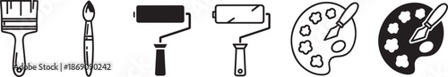 Paint supplies icons including brushes rollers and artist palette