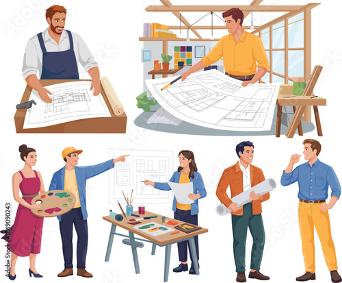 Creative architects, builders and designers collaborating in modern workspace, professional construction teamwork architecture planning engineering careers art studio illustration concept