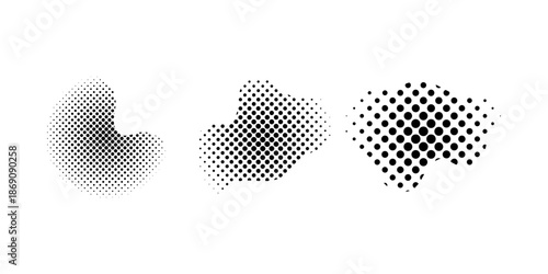 Dot halftone effect in different blob shapes with gradient dots pattern forming versatile halftone shapes for creative graphic design layouts modern branding and digital compositions