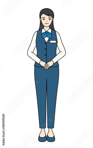 Professional woman in blue vest and pants standing politely