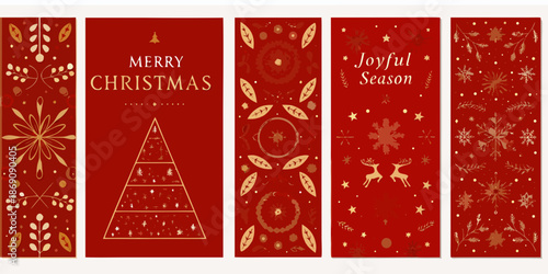 A collection of five festive red and gold christmas themed bookmark designs