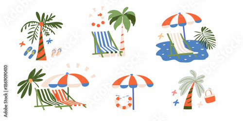 A collection of tropical beach elements including palm trees and beach chairs