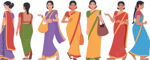 Diverse Indian women wearing colorful traditional sarees, standing and walking confidently, cultural fashion illustration, ethnic lifestyle concept, vector artwork isolated