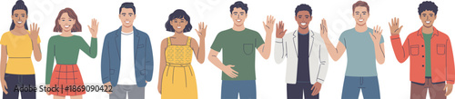 Diverse group of friendly people waving hello, multicultural team portrait, unity, inclusion, community, smiling faces, welcoming gesture, modern illustration background