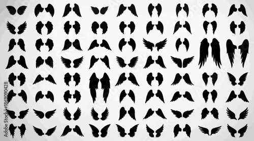 Abstract, symmetrical grid of black butterfly-like silhouettes on a white background, ideal for backgrounds, textures and graphic design.