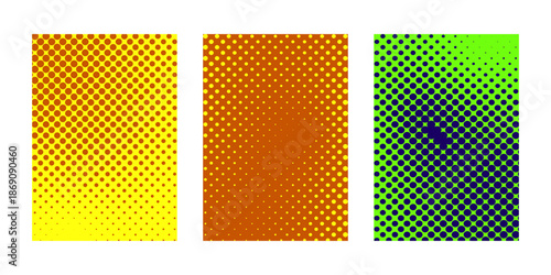 Set of abstract halftone vivid colorful backgrounds featuring dynamic dotted gradients and textures for modern graphic design posters branding and creative digital projects