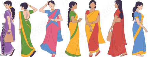 Diverse Indian women wearing colorful traditional sarees, standing and walking confidently, cultural fashion illustration, ethnic lifestyle concept, vector artwork isolated